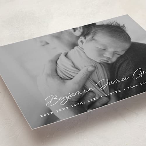 This is a snow birth announcements with standard by Bethan called handwriting printing on recycled smooth signature in standard