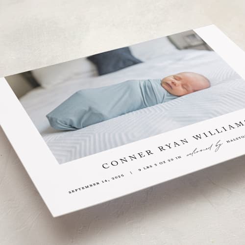 This is a onyx birth announcements with standard by Pixel and Hank called dreamer printing on recycled smooth signature in standard