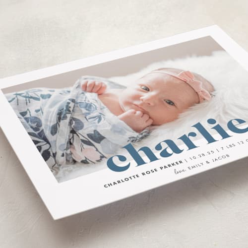 This is a bluebird birth announcements with standard by Shirley Lin Schneider called bold nickname printing on recycled smooth signature in standard