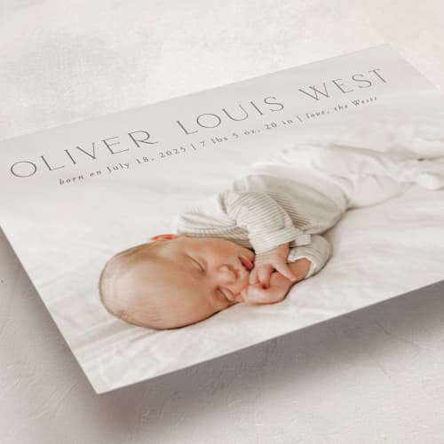 This is a fog birth announcements with standard by Julia Hall called our hearts printing on recycled smooth signature in standard