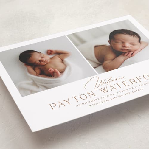 This is a cocoa birth announcements with standard by chocomocacino called gujiya printing on recycled smooth signature in standard