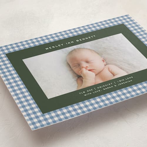This is a marine birth announcements with standard by Kelly Watkins called layered gingham printing on recycled smooth signature in standard