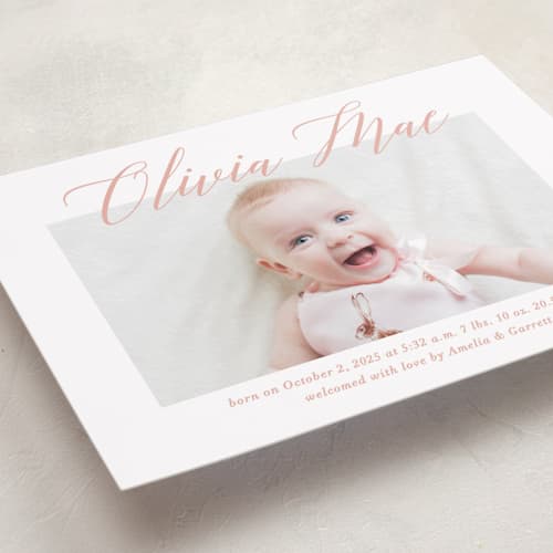 This is a sweet pea birth announcements with standard by Jennifer Postorino called sweet script printing on recycled smooth signature in standard