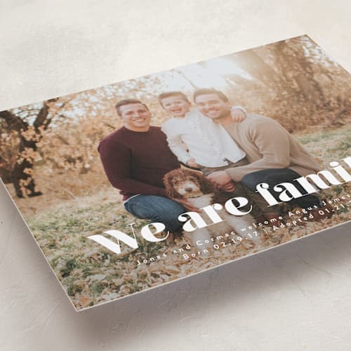 This is a cotton birth announcements with standard by Corinne Malesic called we are family printing on recycled smooth signature in standard