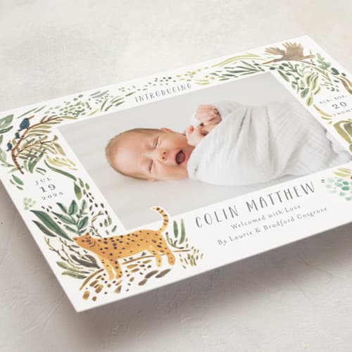 This is a jungle birth announcements with standard by Morgan Ramberg called jungle friends printing on recycled smooth signature in standard