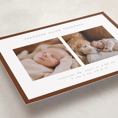This is a hickory birth announcements with standard by Juneau Designs called pure love printing on recycled smooth signature in standard