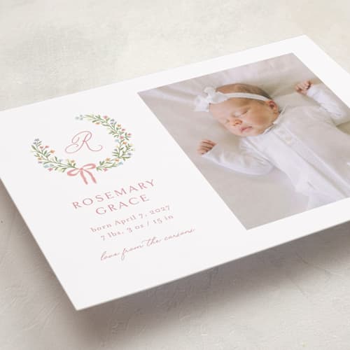 This is a watermelon birth announcements with standard by Katherine Moynagh called sweet monogrammed wreath printing on recycled smooth signature in standard