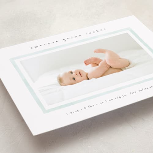 This is a mint birth announcements with standard by Lauren Chism called golightly printing on recycled smooth signature in standard
