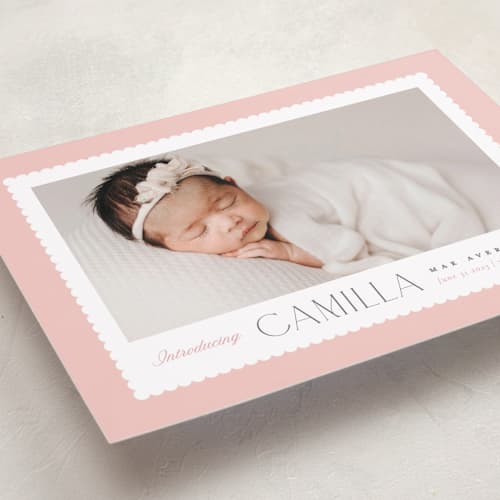 This is a rose birth announcements with standard by Robert and Stella called sweet scallop printing on recycled smooth signature in standard
