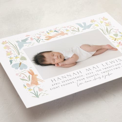 This is a sky birth announcements with standard by Eve Schultz called baby garden printing on recycled smooth signature in standard