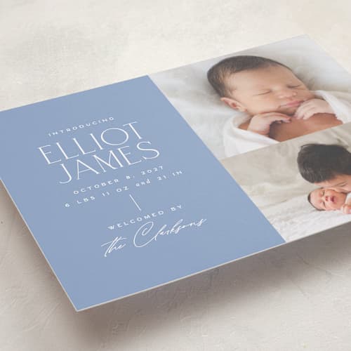 This is a periwinkle birth announcements with standard by Jessica Corliss called announcing elegance printing on recycled smooth signature in standard