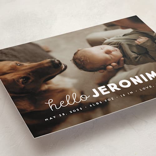 This is a cloud birth announcements with standard by Snow and Ivy called meet me printing on recycled smooth signature in standard