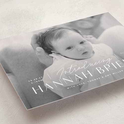 This is a snow birth announcements with standard by Michelle Taylor called typographic mix printing on recycled smooth signature in standard