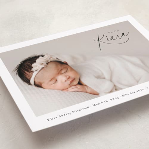 This is a midnight birth announcements with standard by Jackie Crawford called corner hello printing on recycled smooth signature in standard
