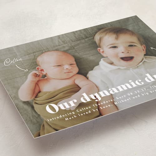 This is a cotton birth announcements with standard by Corinne Malesic called dynamic duo printing on recycled smooth signature in standard
