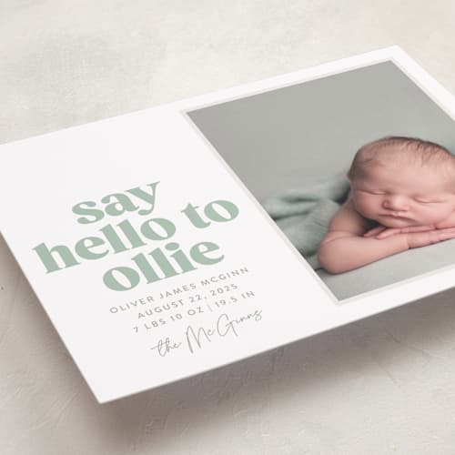 This is a mint birth announcements with standard by Robert and Stella called clarke printing on recycled smooth signature in standard