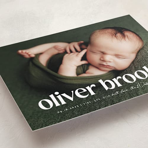 This is a salt birth announcements with standard by Lea Delaveris called the simplest printing on recycled smooth signature in standard
