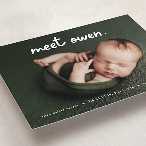 This is a snow birth announcements with standard by Lauren Chism called meet cute printing on recycled smooth signature in standard