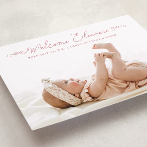 This is a flamingo birth announcements with standard by Jackie Crawford called tiny bow script printing on recycled smooth signature in standard