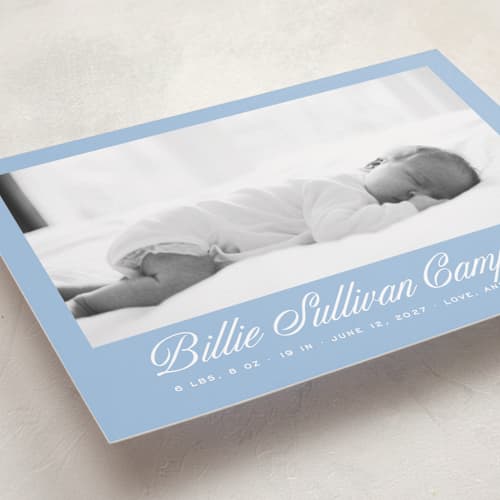 This is a chambray birth announcements with standard by Megan Davis called chambray printing on recycled smooth signature in standard