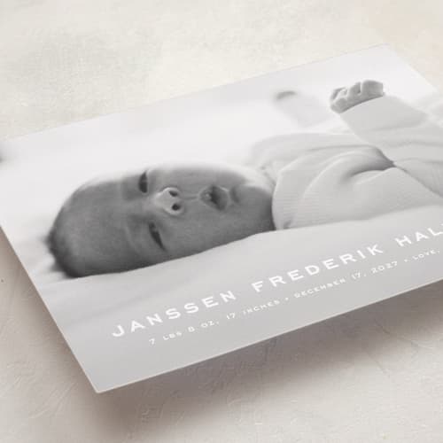 This is a pearl birth announcements with standard by chocomocacino called pastizzi printing on recycled smooth signature in standard