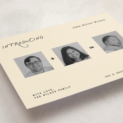 This is a chalkboard birth announcements with standard by Rina Ozum called our new chapter printing on recycled smooth signature in standard