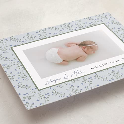 This is a powder birth announcements with standard by Kate Ahn called ditsy floral frame printing on recycled smooth signature in standard