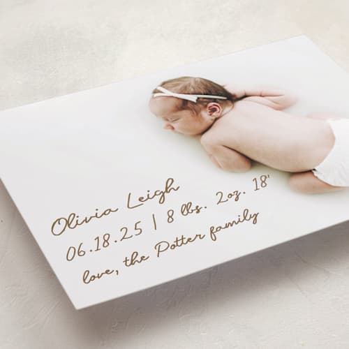 This is a bark birth announcements with standard by AK Graphics called signed with love printing on recycled smooth signature in standard