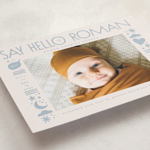 This is a powder blue birth announcements with standard by Alethea and Ruth called quirky hello printing on recycled smooth signature in standard
