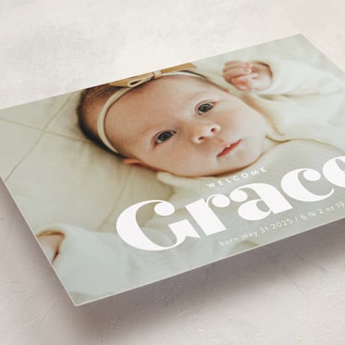 This is a pearl birth announcements with standard by Lori Wemple called name printing on recycled smooth signature in standard