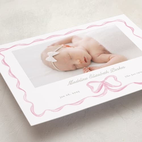 This is a peony birth announcements with standard by Creo Study called squiggle bow printing on recycled smooth signature in standard