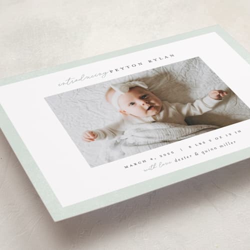 This is a sea salt birth announcements with standard by Pixel and Hank called story printing on recycled smooth signature in standard