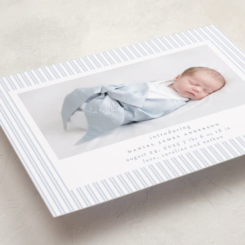 This is a sky birth announcements with standard by Jennifer Holbrook called pinstripe frame printing on recycled smooth signature in standard