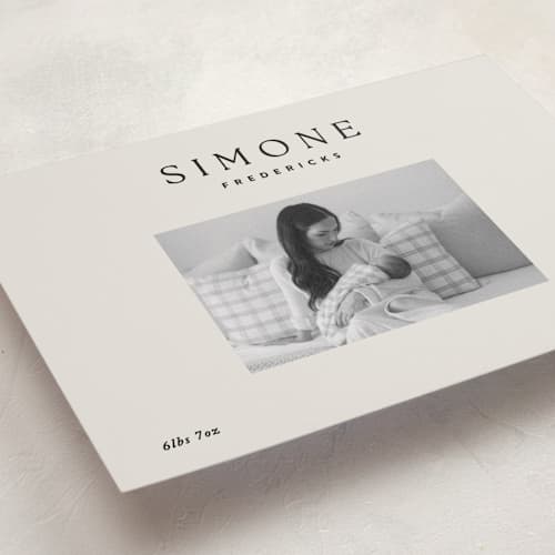 This is a noir birth announcements with standard by Jackie Crawford called simone printing on recycled smooth signature in standard