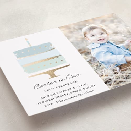 This is a sky kids birthday invitations with foil pressed by Oma N. Ramkhelawan called brushed cake printing on recycled smooth signature in standard