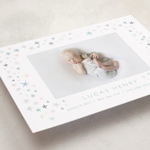 This is a cloud birth announcements with gloss press by Townsend Majors called shining star printing on recycled smooth signature in standard