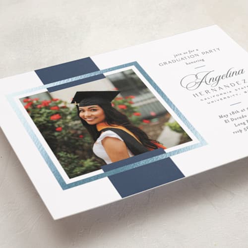 This is a navy graduation invitations with foil pressed by Owl and Toad called preppy frame printing on recycled smooth signature in standard