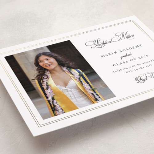 This is a pearl graduation announcements with foil pressed by Sarah Brown called traditionally printing on recycled smooth signature in standard