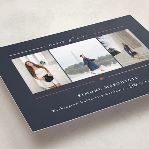 This is a sapphire graduation announcements with foil pressed by Corinne Malesic called class act printing on recycled smooth signature in standard