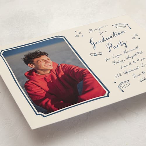 This is a navy graduation invitations with standard by Stacey Meacham called graduation doodles printing on recycled smooth signature in standard