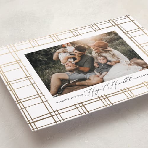 This is a cloud hanukkah cards with foil pressed by Carolyn Nicks called modern plaid printing on recycled smooth signature in standard