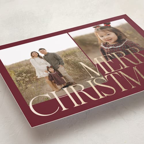 This is a plum foil pressed holiday cards with foil pressed by Brianne Larsen called bold christmas printing on recycled smooth signature in standard
