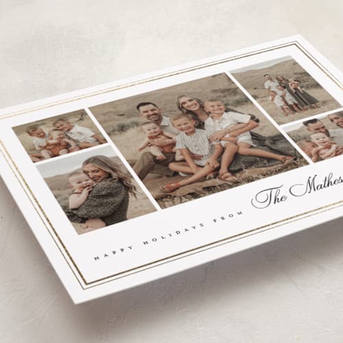 This is a snow foil pressed holiday cards with foil pressed by Kelly Schmidt called classic five printing on recycled smooth signature in standard