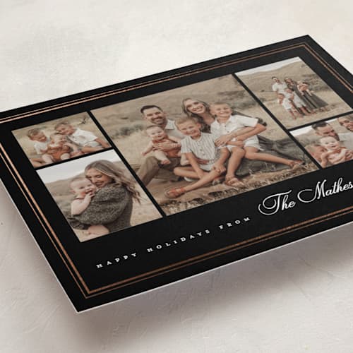 This is a midnight foil pressed holiday cards with foil pressed by Kelly Schmidt called classic five printing on recycled smooth signature in standard