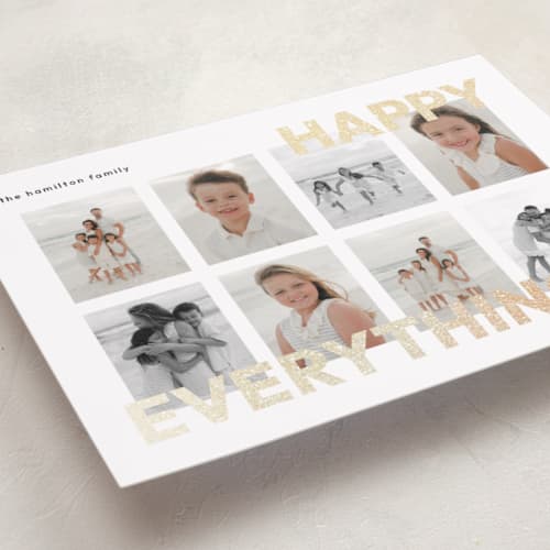 This is a snow foil pressed holiday cards with foil pressed by Blustery August called happy everything printing on recycled smooth signature in standard