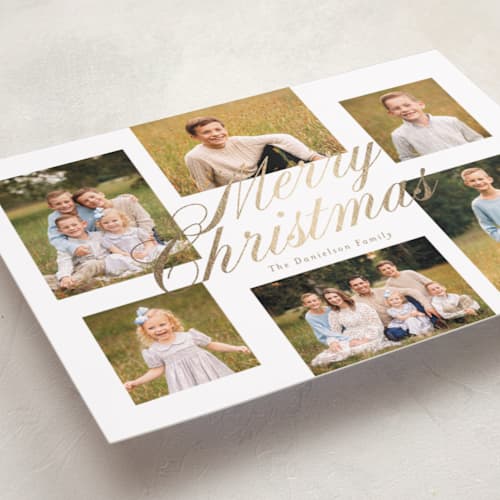 This is a snow foil pressed holiday cards with foil pressed by Rebecca Durflinger called scripted christmas gallery printing on recycled smooth signature in standard