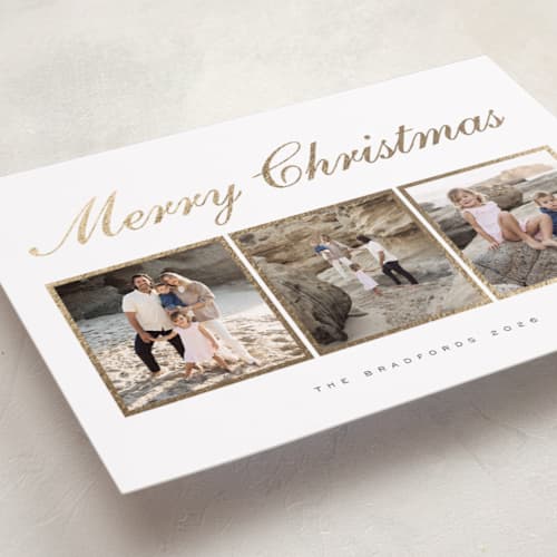 This is a snow foil pressed holiday cards with foil pressed by Nicole Walsh called classic trio printing on recycled smooth signature in standard