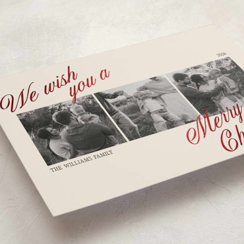 This is a cream foil pressed holiday cards with foil pressed by Robert and Stella called trifold printing on recycled smooth signature in standard