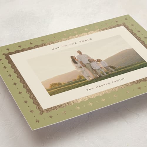 This is a olive foil pressed holiday cards with foil pressed by Ellen Schlegelmilch called star of bethlehem printing on recycled smooth signature in standard