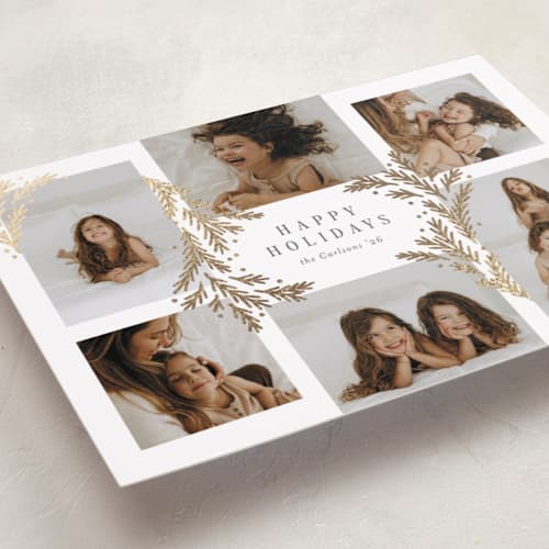 This is a snowball foil pressed holiday cards with foil pressed by Michelle Taylor called gilded greenery printing on recycled smooth signature in standard